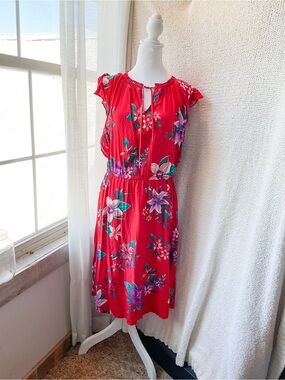 Old Navy Red Floral Midi Dress with Cap Sleeves